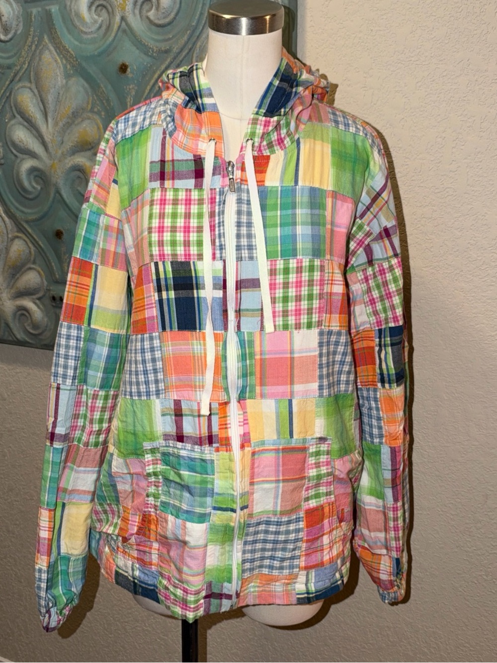 Serengeti Patchwork Madras Plaid Hooded Jacket Multicolor Cotton XL 2X Boho